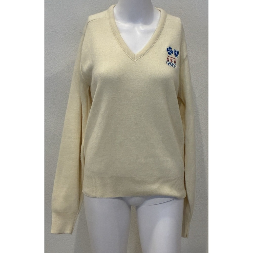 Rare Vintage USA Olympic Sweater BCBS Sponsor Logo Made In USA Womens S Ivory